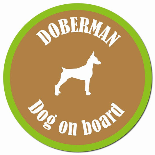 カラフル Dog on board ドーベルマン ブラウン＆グリーン マグネット 車用 直径13cm 丸型 カーマグネット