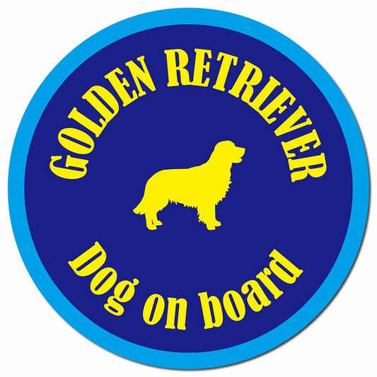 カラフル Dog on board ゴールデンレトリバー ネイビー＆ブルー マグネット 車用 直径13cm 丸型 カーマグネット