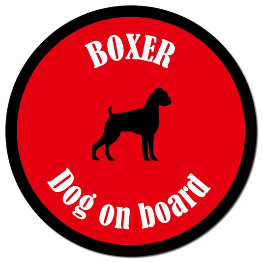 カラフル Dog on board ボクサー レッド＆ブラック マグネット 車用 直径13cm 丸型 カーマグネット