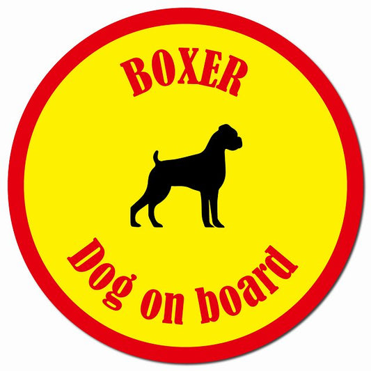 カラフル Dog on board ボクサー イエロー＆レッド マグネット 車用 直径13cm 丸型 カーマグネット