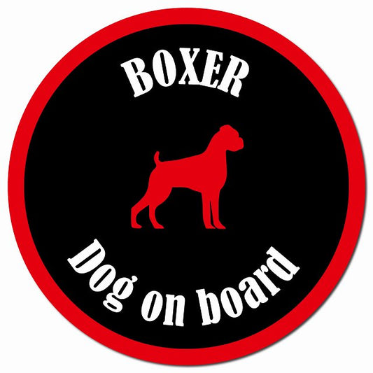 カラフル Dog on board ボクサー ブラック＆レッド マグネット 車用 直径13cm 丸型 カーマグネット