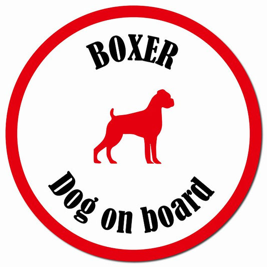 カラフル Dog on board ボクサー ホワイト＆レッド マグネット 車用 直径13cm 丸型 カーマグネット