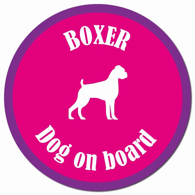 カラフル Dog on board ボクサー ピンク＆パープル マグネット 車用 直径13cm 丸型 カーマグネット