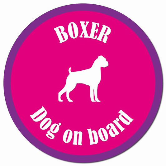 カラフル Dog on board ボクサー ピンク＆パープル マグネット 車用 直径13cm 丸型 カーマグネット