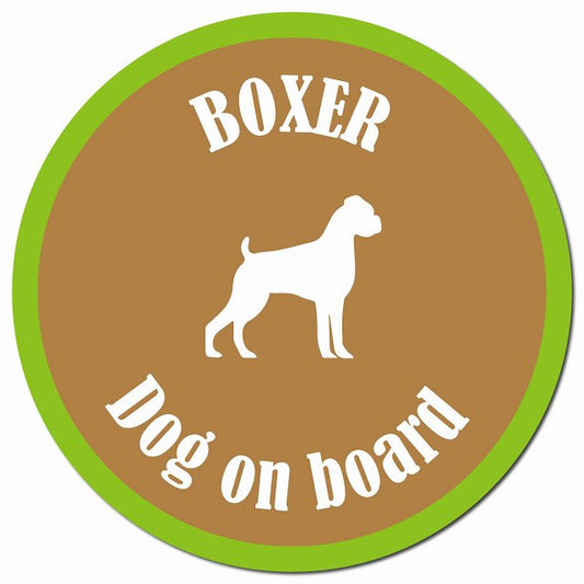 カラフル Dog on board ボクサー ブラウン＆グリーン マグネット 車用 直径13cm 丸型 カーマグネット