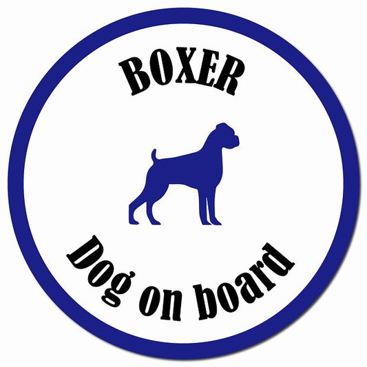 カラフル Dog on board ボクサー ホワイト＆ネイビー マグネット 車用 直径13cm 丸型 カーマグネット