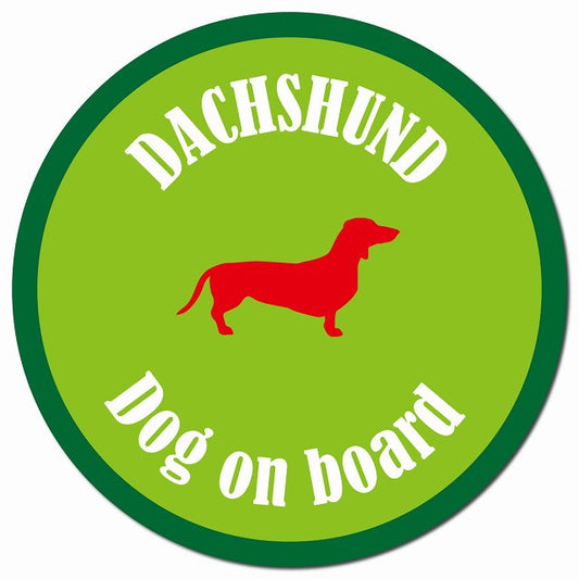 カラフル Dog on board ダックスフント ライトグリーン＆グリーン マグネット 車用 直径13cm 丸型 カーマグネット