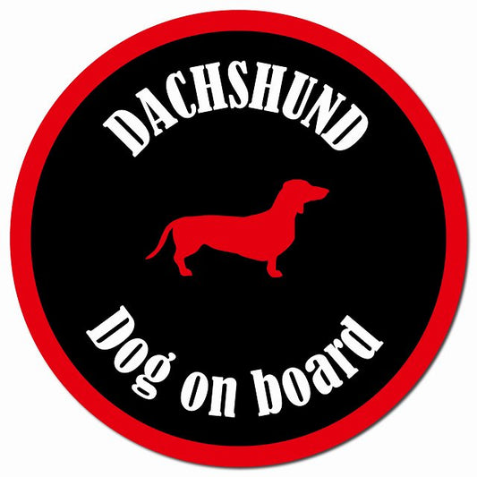 カラフル Dog on board ダックスフント ブラック＆レッド マグネット 車用 直径13cm 丸型 カーマグネット