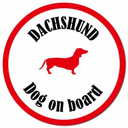 カラフル Dog on board ダックスフント ホワイト＆レッド マグネット 車用 直径13cm 丸型 カーマグネット