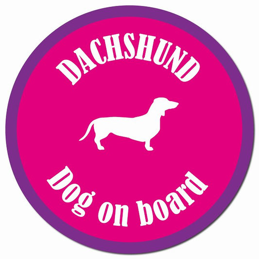 カラフル Dog on board ダックスフント ピンク＆パープル マグネット 車用 直径13cm 丸型 カーマグネット