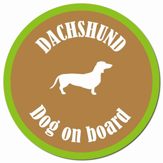 カラフル Dog on board ダックスフント ブラウン＆グリーン マグネット 車用 直径13cm 丸型 カーマグネット