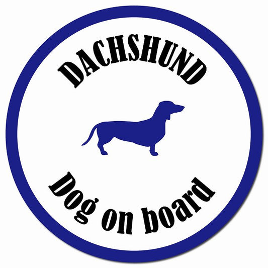 カラフル Dog on board ダックスフント ホワイト＆ネイビー マグネット 車用 直径13cm 丸型 カーマグネット