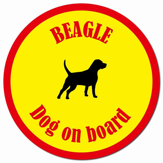 カラフル Dog on board ビーグル イエロー＆レッド マグネット 車用 直径13cm 丸型 カーマグネット