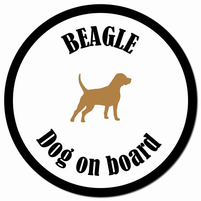カラフル Dog on board ビーグル ホワイト＆ブラック マグネット 車用 直径13cm 丸型 カーマグネット