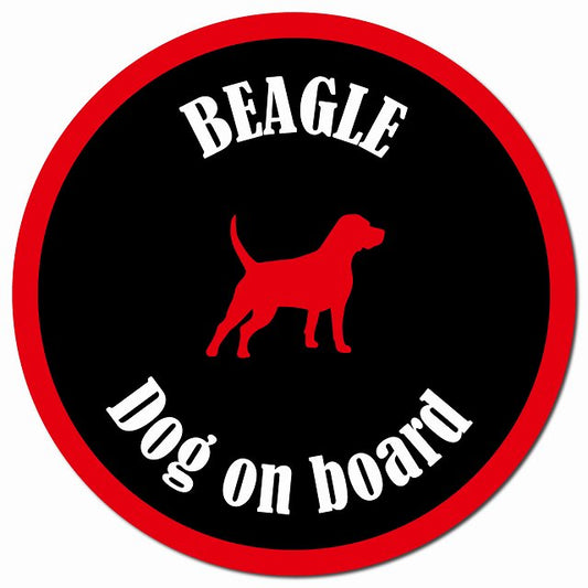 カラフル Dog on board ビーグル ブラック＆レッド マグネット 車用 直径13cm 丸型 カーマグネット