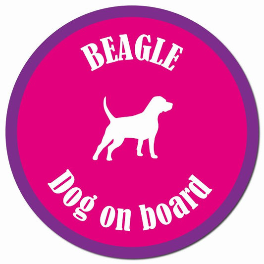 カラフル Dog on board ビーグル ピンク＆パープル マグネット 車用 直径13cm 丸型 カーマグネット