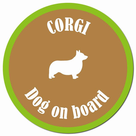 カラフル Dog on board コーギー ブラウン＆グリーン マグネット 車用 直径13cm 丸型 カーマグネット