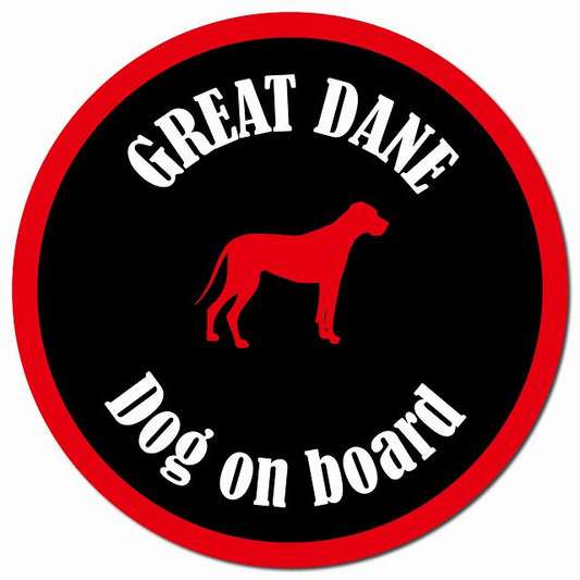 カラフル Dog on board グレートデン ブラック＆レッド マグネット 車用 直径13cm 丸型 カーマグネット