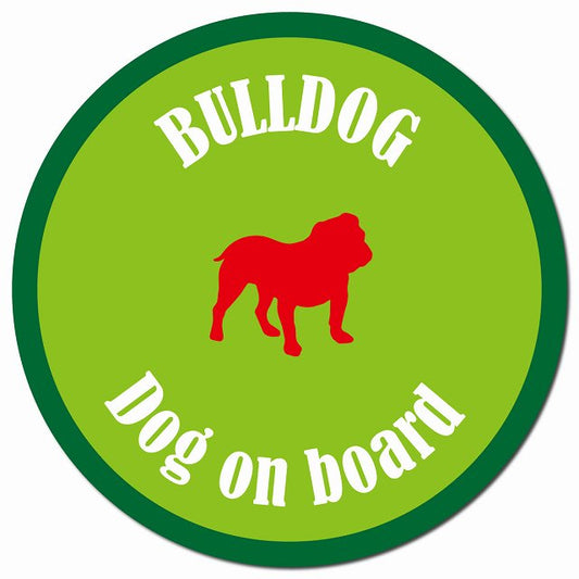 カラフル Dog on board ブルドッグ ライトグリーン＆グリーン マグネット 車用 直径13cm 丸型 カーマグネット