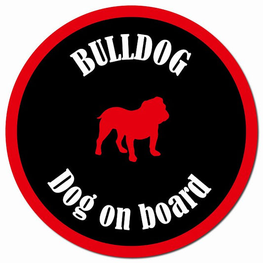 カラフル Dog on board ブルドッグ ブラック＆レッド マグネット 車用 直径13cm 丸型 カーマグネット