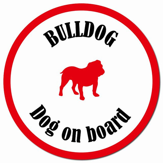 カラフル Dog on board ブルドッグ ホワイト＆レッド マグネット 車用 直径13cm 丸型 カーマグネット