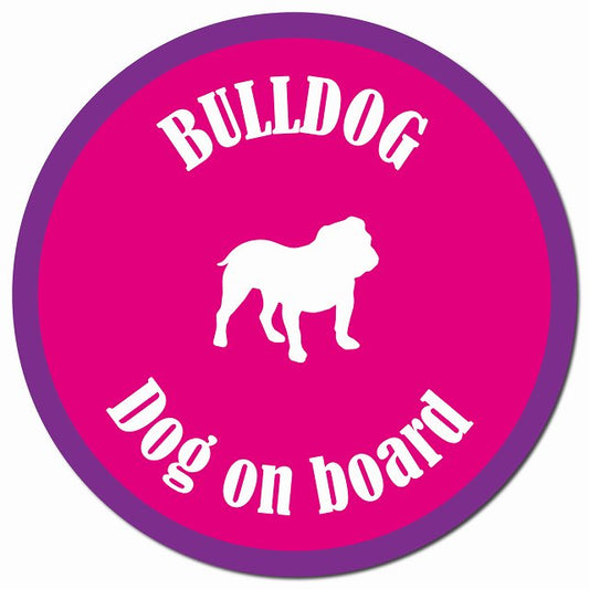 カラフル Dog on board ブルドッグ ピンク＆パープル マグネット 車用 直径13cm 丸型 カーマグネット