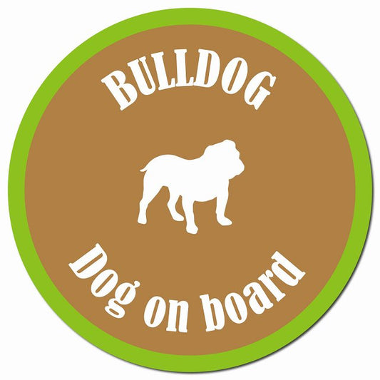 カラフル Dog on board ブルドッグ ブラウン＆グリーン マグネット 車用 直径13cm 丸型 カーマグネット