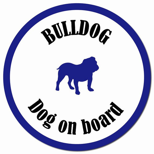 カラフル Dog on board ブルドッグ ホワイト＆ネイビー マグネット 車用 直径13cm 丸型 カーマグネット