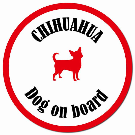 カラフル Dog on board チワワ ホワイト＆レッド マグネット 車用 直径13cm 丸型 カーマグネット