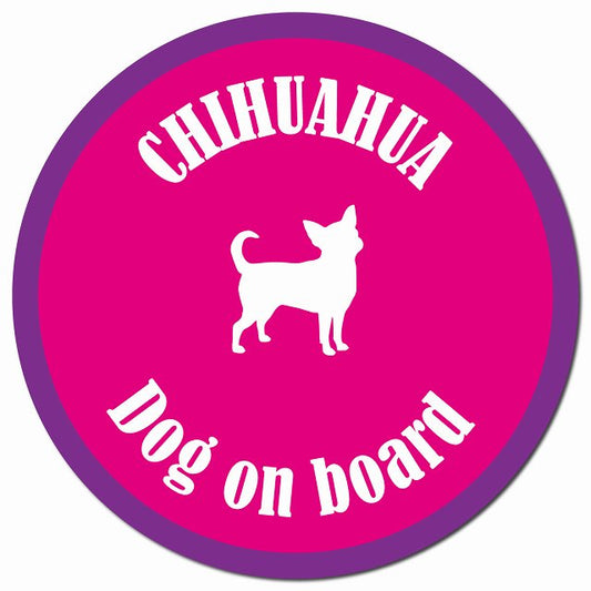 カラフル Dog on board チワワ ピンク＆パープル マグネット 車用 直径13cm 丸型 カーマグネット