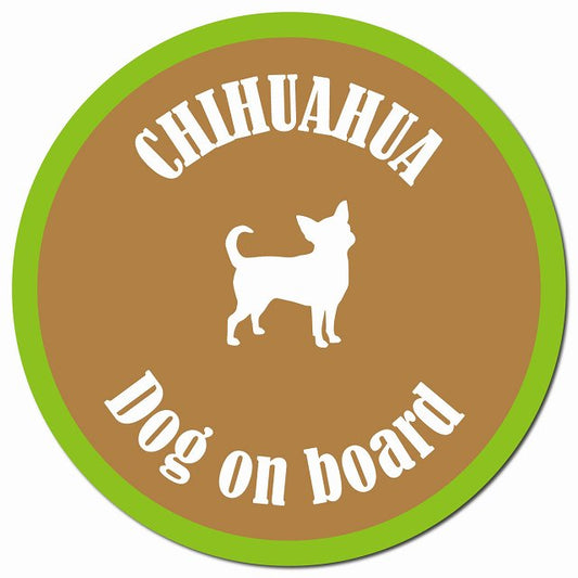 カラフル Dog on board チワワ ブラウン＆グリーン マグネット 車用 直径13cm 丸型 カーマグネット