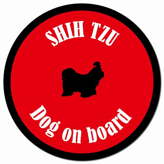 カラフル Dog on board シーズー レッド＆ブラック マグネット 車用 直径13cm 丸型 カーマグネット