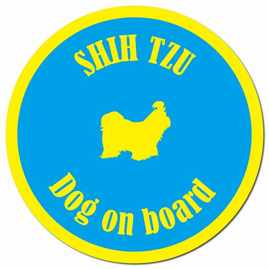カラフル Dog on board シーズー ブルー＆イエロー マグネット 車用 直径13cm 丸型 カーマグネット