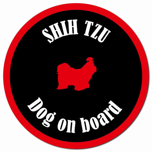 カラフル Dog on board シーズー ブラック＆レッド マグネット 車用 直径13cm 丸型 カーマグネット