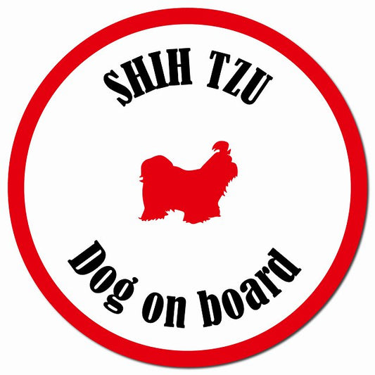 カラフル Dog on board シーズー ホワイト＆レッド マグネット 車用 直径13cm 丸型 カーマグネット