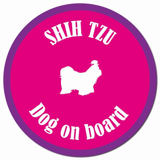 カラフル Dog on board シーズー ピンク＆パープル マグネット 車用 直径13cm 丸型 カーマグネット