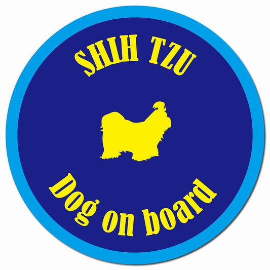 カラフル Dog on board シーズー ネイビー＆ブルー マグネット 車用 直径13cm 丸型 カーマグネット