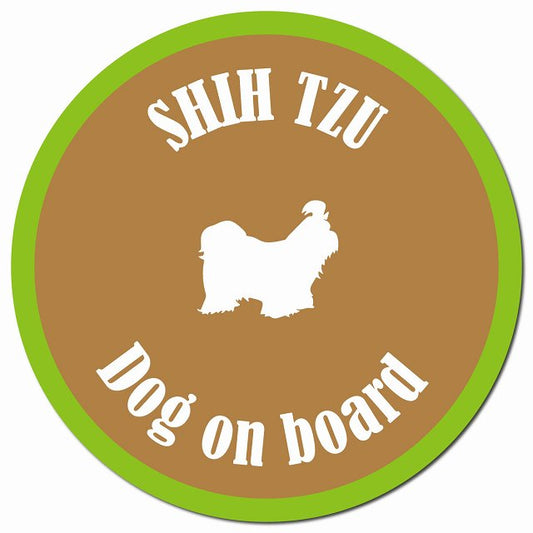 カラフル Dog on board シーズー ブラウン＆グリーン マグネット 車用 直径13cm 丸型 カーマグネット