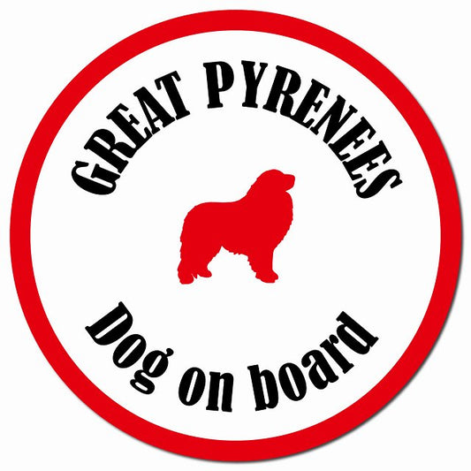 カラフル Dog on board グレートピレニーズ ホワイト＆レッド マグネット 車用 直径13cm 丸型 カーマグネット