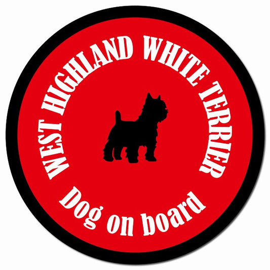 カラフル Dog on board ウエストハイランドホワイトテリア レッド＆ブラック マグネット 車用 直径13cm 丸型 カーマグネット