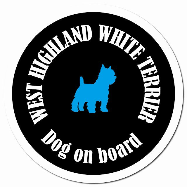 カラフル Dog on board ウエストハイランドホワイトテリア ブラック＆ホワイト マグネット 車用 直径13cm 丸型 カーマグネット