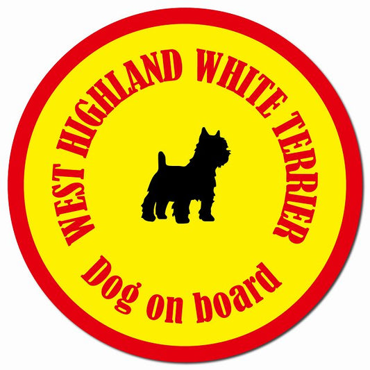 カラフル Dog on board ウエストハイランドホワイトテリア イエロー＆レッド マグネット 車用 直径13cm 丸型 カーマグネット