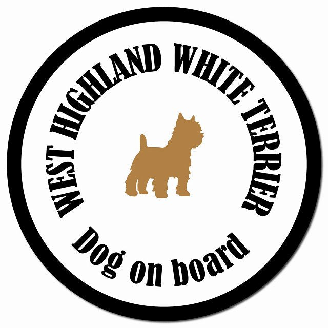 カラフル Dog on board ウエストハイランドホワイトテリア ホワイト＆ブラック マグネット 車用 直径13cm 丸型 カーマグネット