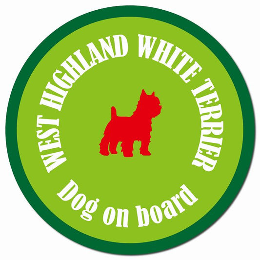 カラフル Dog on board ウエストハイランドホワイトテリア ライトグリーン＆グリーン マグネット 車用 直径13cm 丸型 カーマグネット