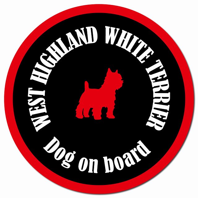 カラフル Dog on board ウエストハイランドホワイトテリア ブラック＆レッド マグネット 車用 直径13cm 丸型 カーマグネット