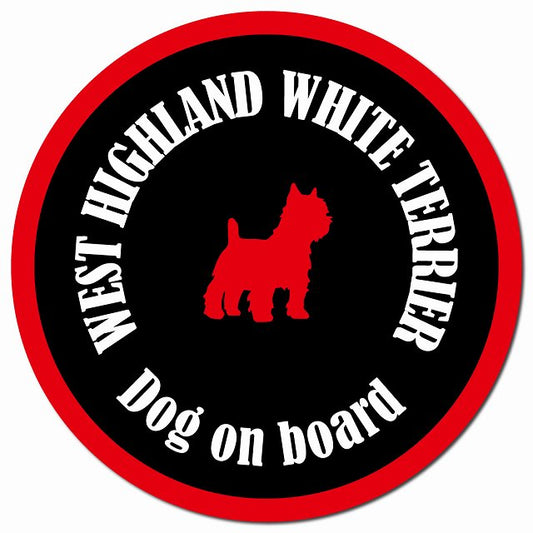 カラフル Dog on board ウエストハイランドホワイトテリア ブラック＆レッド マグネット 車用 直径13cm 丸型 カーマグネット