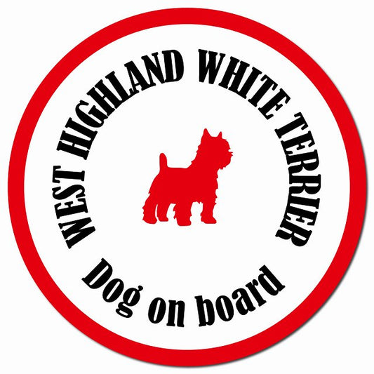 カラフル Dog on board ウエストハイランドホワイトテリア ホワイト＆レッド マグネット 車用 直径13cm 丸型 カーマグネット