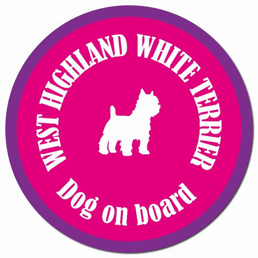 カラフル Dog on board ウエストハイランドホワイトテリア ピンク＆パープル マグネット 車用 直径13cm 丸型 カーマグネット