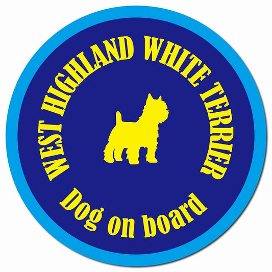 カラフル Dog on board ウエストハイランドホワイトテリア ネイビー＆ブルー マグネット 車用 直径13cm 丸型 カーマグネット