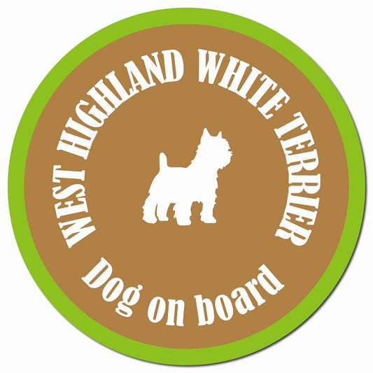 カラフル Dog on board ウエストハイランドホワイトテリア ブラウン＆グリーン マグネット 車用 直径13cm 丸型 カーマグネット